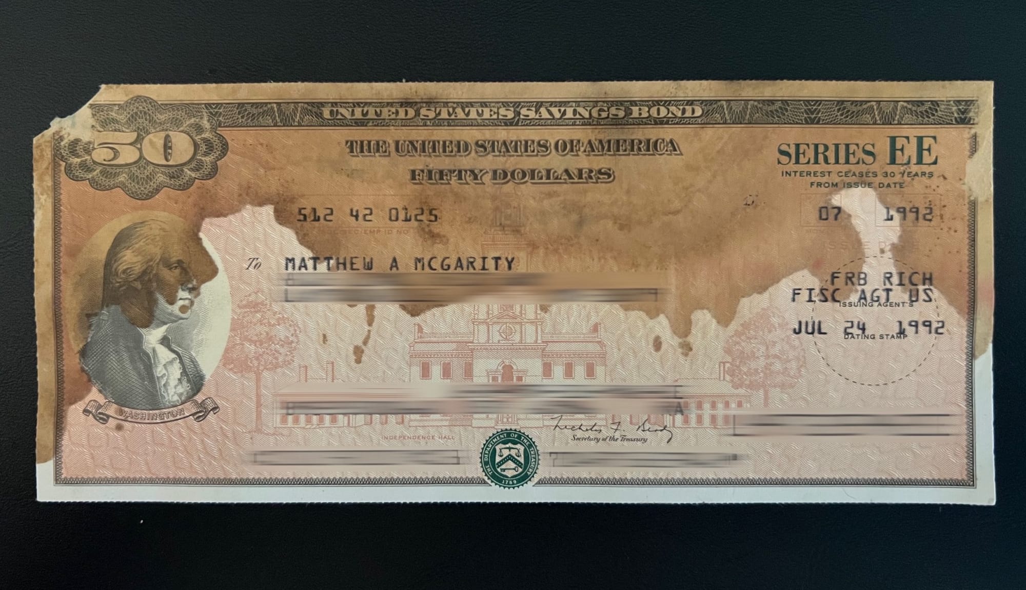 Full photo of my U.S. Treasury Savings Bond.