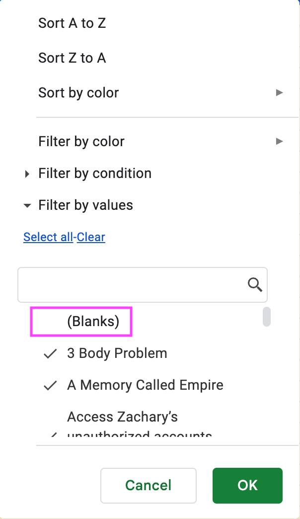 Screenshot of Google Sheets filter for column A of the $Output sheet.