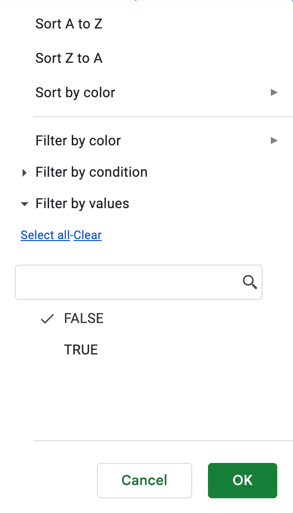 Screenshot of Google Sheets filter for column O of the $Output sheet.