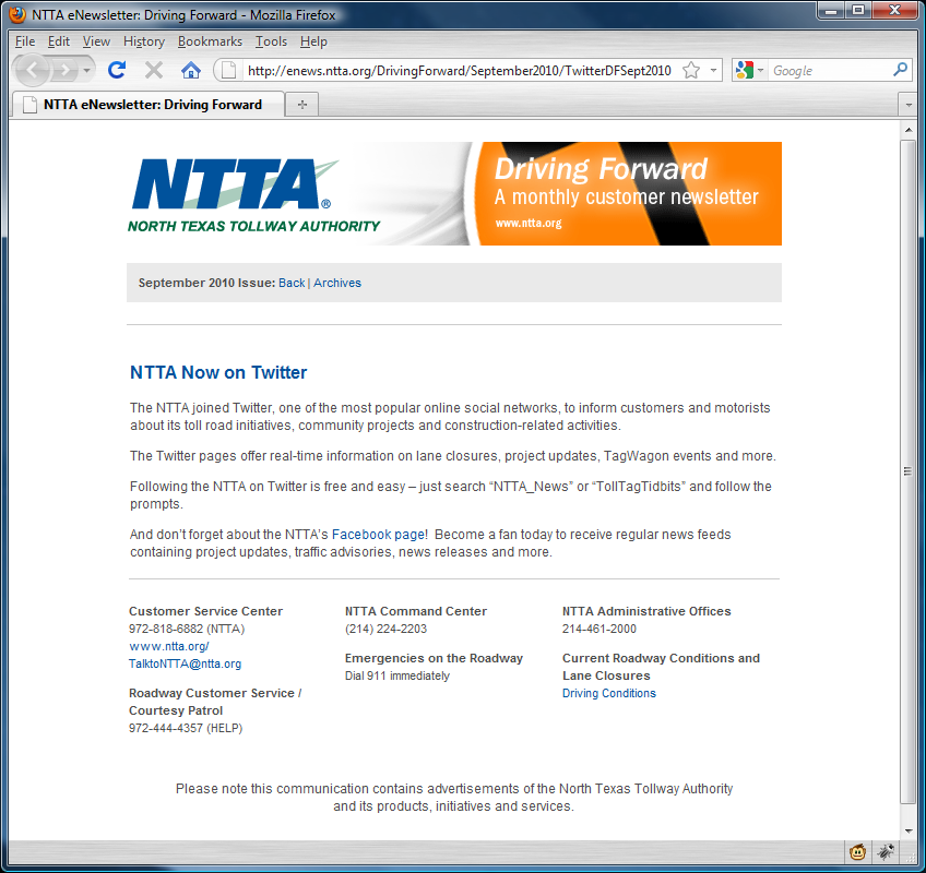 NTTA eNewsletter FAIL