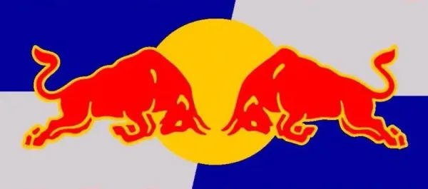 Closeup of the Red Bull logo.
