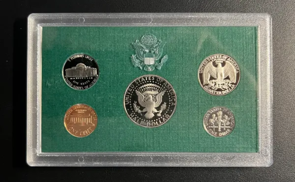 Close-up of a set of U.S. currency, permanently-sealed in a plastic case.