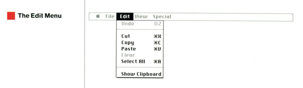 Screenshot of the "Edit" menu of the macOS system menu, printed in the 1984 Macintosh User Manual