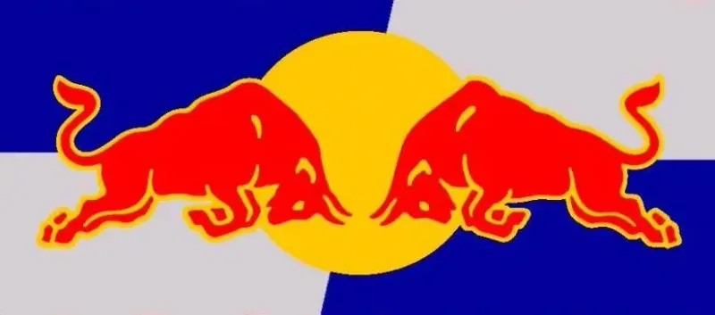 Closeup of the Red Bull logo.