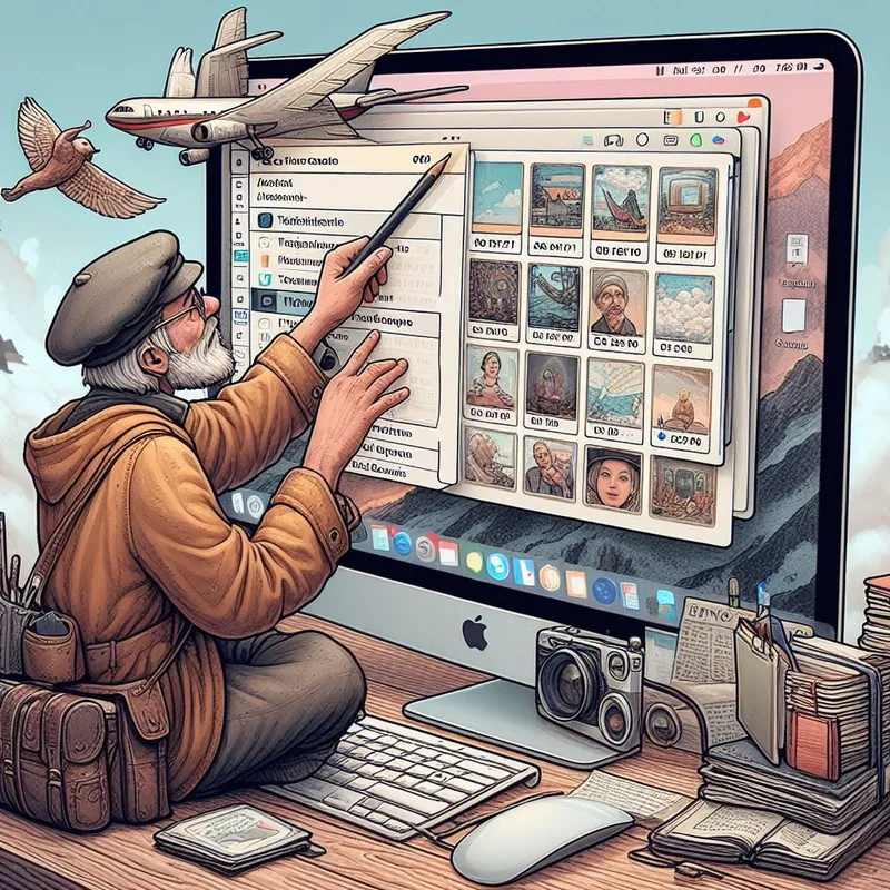 DALL-E 3-generated image of an old man before a giant Mac desktop screen, using a pencil like a wand to select photos.